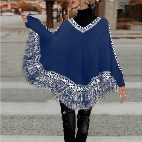 no brand Sweaters - NEW Boutique Women's Navy Blue Alpaca Wool Fringe Sweater Poncho Top OS